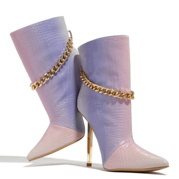 NEW🔥Embossed Multi-Color Pointy Toe Ankle Booties Boot Gold Chain Stiletto Heel - Picture 2 of 7
